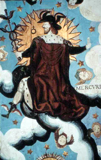 Cullen House 16th Century tempura painted ceiling (detail of Mercury) used by Fremantle